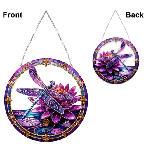 Dragonfly Lotus doppelseitige Spezialform 5D DIY Malerei Punkte Anhänger Dragonfly Malerei Dekor Dragonfly für Gartenfensterdekor (LB142) von LYEAA