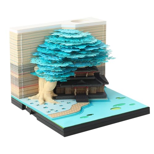 LYEAA 3D-Schreibtischkalender 2025 Zeitstückkalender mit LED Light Tear-Away 3D-Papierkunst Notizblock-Papier-Schnitzkalender für Hausskulpturen vorhanden (Blue Tree House) von LYEAA