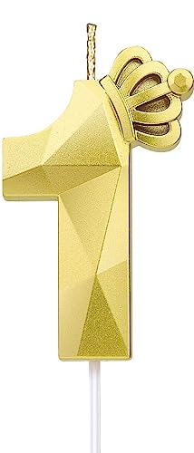 Zahl 1 Kerze, 7.6 cm große Happy Birthday-Kerze mit exquisiter 3D-Krone, Tortenaufsatz, Dekorationen für Hochzeit, Jahrestag, Geburtstag, Wiedervereinigung, Themenparty, Dekoration, Feier (Gold-1) von LYHURK