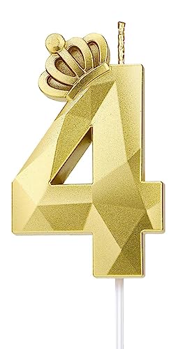 Zahl 4 Kerze, 7.6 cm große Happy Birthday-Kerze mit exquisiter 3D-Krone, Tortenaufsatz, Dekorationen für Hochzeit, Jahrestag, Geburtstag, Wiedervereinigung, Themenparty, Dekoration, Feier (Gold-4) von LYHURK