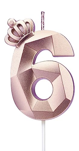 Zahl 6 Kerze, 7.6 cm große Happy Birthday-Kerze mit exquisiter 3D-Krone, Tortenaufsatz, Dekorationen für Hochzeit, Jahrestag, Geburtstag, Wiedervereinigung, Party-Dekoration, Feier (Rosé-6) von LYHURK