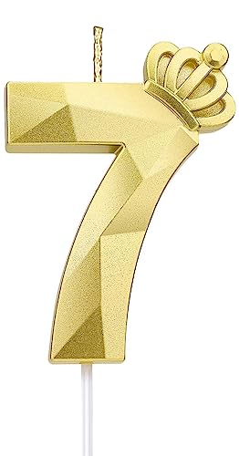 Zahl 7 Kerze, 7.6 cm große Happy Birthday-Kerze mit exquisiter 3D-Krone, Tortenaufsatz, Dekorationen für Hochzeit, Jahrestag, Geburtstag, Wiedervereinigung, Themenparty, Dekoration, Feier (Gold-7) von LYHURK