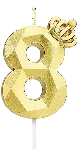 Zahl 8 Kerze, 7.6 cm große Happy Birthday-Kerze mit exquisiter 3D-Krone, Tortenaufsatz, Dekorationen für Hochzeit, Jahrestag, Geburtstag, Wiedervereinigung, Themenparty, Dekoration, Feier (Gold-8) von LYHURK