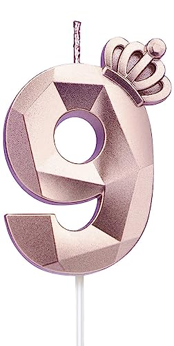 Zahl 9 Kerze, 7.6 cm große Happy Birthday-Kerze mit exquisiter 3D-Krone, Tortenaufsatz, Dekorationen für Hochzeit, Jahrestag, Geburtstag, Wiedervereinigung, Party-Dekoration, Feier (Rosé-9) von LYHURK