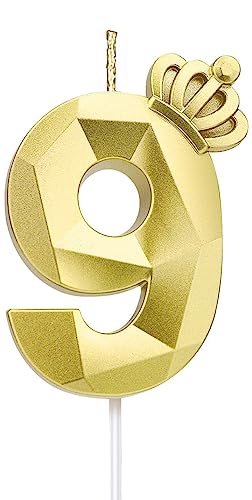 Zahl 9 Kerze, 7.6 cm große Happy Birthday-Kerze mit exquisiter 3D-Krone, Tortenaufsatz, Dekorationen für Hochzeit, Jahrestag, Geburtstag, Wiedervereinigung, Themenparty, Dekoration, Feier (Gold-9) von LYHURK