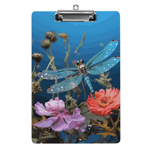 Libellen- und Blumen-Klemmbrett, leichtes Acryl-Klemmbrett für Standard-A4-Briefgröße, 21,6 x 31,8 cm, Büro-Klemmbrett mit flachem Metallclip, niedliche hängende Klemmbretter für die Arbeit von LYHVSFJW