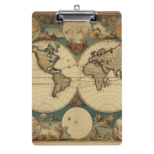 Retro-Klemmbrett mit Weltkarte, leichtes Acryl-Klemmbrett für Standard-A4-Briefgröße, 21,6 x 31,8 cm, Büro-Klemmbrett mit flachem Metallclip, niedliche hängende Klemmbretter für die Arbeit von LYHVSFJW