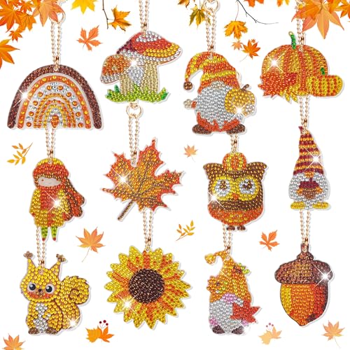 LYLIDIA 12 Stück Diamond Painting Schlüsselanhänger Anhänger 5D Herbst Wichtel Diamont Painting Doppelseitige Diamant Malerei DIY Kit Erntedankfest Ernte Halloween Hängend Deko Geschenk von LYLIDIA