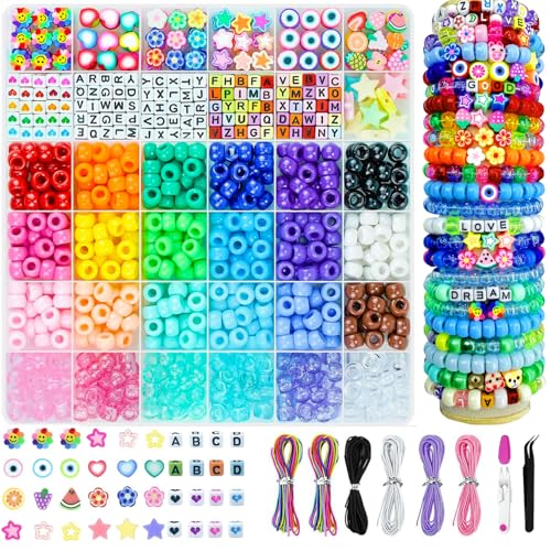 1000 Stück Pony Beads, Perlen für Armbänder 36 Farben, 6x9mm Großem Loch Perlen, bunter Faden Schere Pinzette, mit Bunt Alphabeten Fruchtperlen für Bastelset, Halskette, Schmuck, Kinder Geschenke 1000 Stück Pony Beads, Perlen für Armbänder 36 Farben, 6x9mm Großem Loch Perlen, bunter Faden Schere Pinzette, mit Bunt Alphabeten Fruchtperlen für Bastelset, Halskette, Schmuck, Kinder Geschenke von LYMOOR