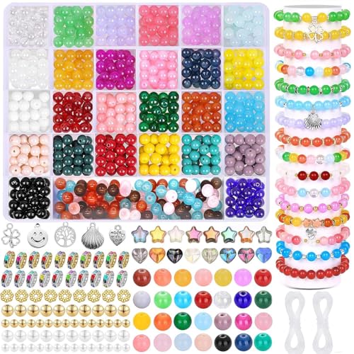 700 Stück 8mm Glasperlen zum Auffädeln, Bunte Perlen Basteln, 30 Farben Perlen für Armbänder, Glasperlen Groß mit Loch für Halskette Armband DIY Geschenk Schmuck von LYMOOR
