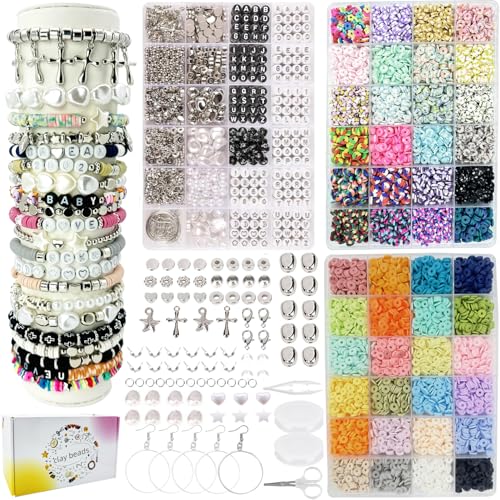 LYMOOR 11000 Stück Perlen für Armbänder, 48 Farben Polymer Clay Perlen, Armbänder Selber Machen, Perlen set zum Auffädeln, Bastelset Armband Halsketten Schmuck Geschenke（Farbverlauf Silber） von LYMOOR