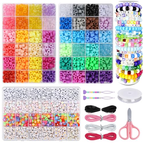 LYMOOR 1900 Pony Beads, Kandi Bunte Perlen für Armbänder Set, 1000 Alphabetperlen Schmuck, 20m elastische Kordel, großem loch Perlen Zum Auffädeln, DIY Halsketten Armbänder Selber Machen Geschenk von LYMOOR