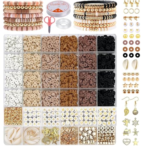 LYMOOR 5000 Stück Perlen für Armbänder, Warmer Erd und Goldelementstil Clay Perlen, Armbänder Selber Machen, Perlen set zum Auffädeln, Bastelset Armband Halsketten Schmuck Geschenke von LYMOOR