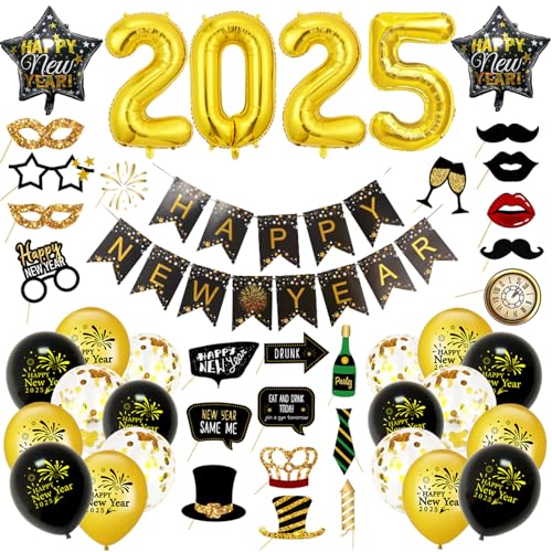 Silvester Deko 2025, 48 Stück Happy New Year Deko, Happy New Year Banner, 2025 Folienballons, Fotorequisiten, Konfetti Ballons, Neujahrsdeko, Silvesterpartydeko Accessoire für Silvesterparty von LYNBLY
