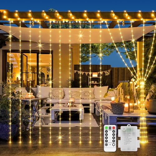 LYNNON Lichtervorhang Batterie 2×2m 200 LED Lichterketten Vorhang mit Fernbedienung Wasserdicht Lichtervorhang Innen Außen Deko für Zimmer Kinderzimmer Hochzeit Party Weihnachten Fenster Wand Balkon von LYNNON