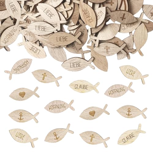 LYNSAN 100 Stück Taufe Konfetti Holz Fische Deko Kommunion Tischdeko Konfirmation Streudeko Mädchen Junge Herzen Kreuzen Hoffnung Glaube Liebe Taufdeko Geschenk für Babyparty Babyshower Gender Reveal von LYNSAN