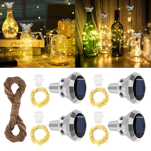 LYPPUL Solar Flaschen Licht, 4 Stück Solar LED Flaschenlichter, 2M 20LED Flaschenlichterkette Korken, Außen LED Korken Weinflasche Lichtkette für Flasche DIY, Party, Garten, Hochzeit Deko(Warmweiß) von LYPPUL