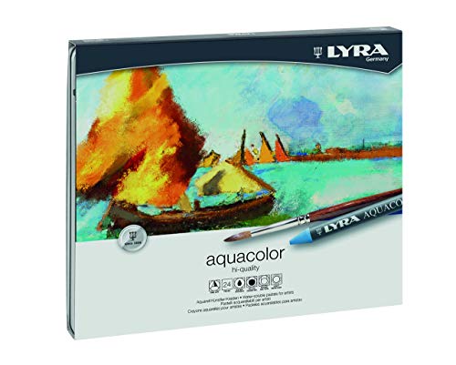 LYRA 5611240 Aquacolor Fine Art wasserlösliches Wachs Pastell Set, 24 Farben Sortiert mit 1 Pinsel, ideal für Profis & Studenten von LYRA