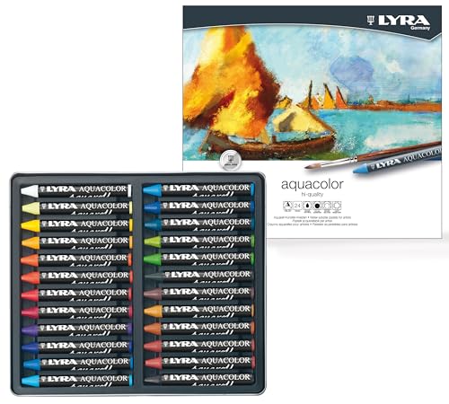 LYRA 5611240 Aquacolor Fine Art wasserlösliches Wachs Pastell Set, 24 Farben Sortiert mit 1 Pinsel, ideal für Profis & Studenten von LYRA