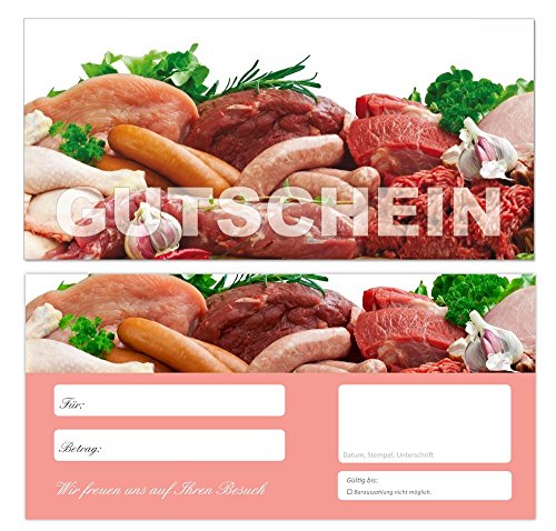 100 Stück Premium Geschenkgutscheine (Wurst-677) - Ein schönes Produkt für Ihre Kunden Gutscheine Gutscheinkarten für Bereiche wie Einzelhandel, Metzger, Fleischer, Fleisch, Wurst, Würste, Schnitzel, Steak, Gastronomie und vieles mehr von LYSCO