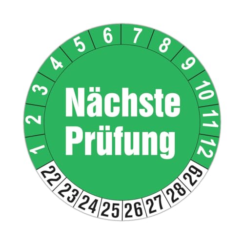 100 Stück Prüfplaketten für 8 Jahre und 12 Monate (Auf-P2) Ø 30mm | Farbe grün-weiss | Prüfaufkleber | Prüfetiketten | Folienaufkleber mit UV-Schutzlackierung von LYSCO