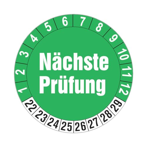 100 Stück Prüfplaketten für 8 Jahre und 12 Monate (Auf-P2) Ø 30mm | Farbe grün-weiss | Prüfaufkleber | Prüfetiketten | Folienaufkleber mit UV-Schutzlackierung von LYSCO