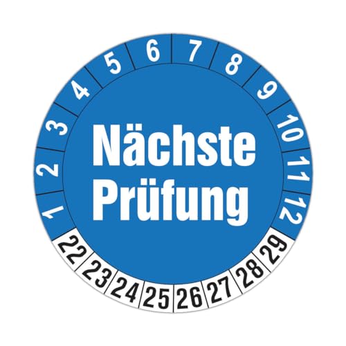 100 Stück Prüfplaketten für 8 Jahre und 12 Monate, gültig 2021-2028 (Auf-P1) Durchmesser 30mm, Farbe blau, Aufkleber, Prüfaufkleber, Prüfetiketten, Folienaufkleber mit UV-Schutzlackierung, Prüfung von LYSCO