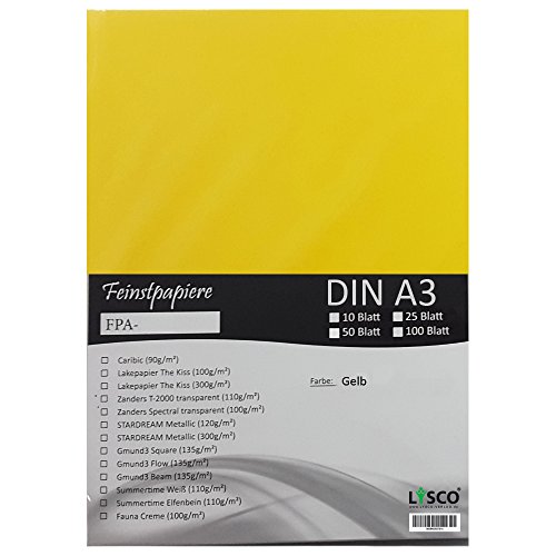 GMUND Transparentpapier DIN A3 Farbe Gelb / LYSCO® Feinstpapierset mit 50 Blatt Inhalt (FPA-120) - bedruckbar, sehr gute Qualität, für Einladungen, als Einlegeblätter für Alben, Fotoalben, Fensterbilder, Bastelarbeiten uvm. von LYSCO