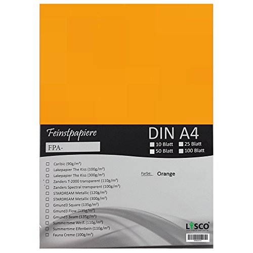 GMUND Transparentpapier DIN A4 Farbe Orange / LYSCO® Feinstpapierset mit 100 Blatt Inhalt (FPA-121) - bedruckbar, sehr gute Qualität, für Einladungen, als Einlegeblätter für Alben, Fotoalben, Fensterbilder, Bastelarbeiten uvm. von LYSCO