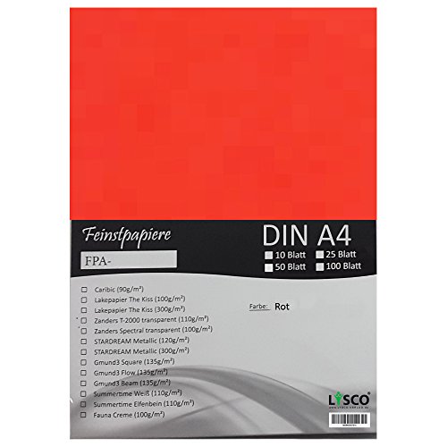 GMUND Transparentpapier DIN A4 Farbe Rot / LYSCO® Feinstpapierset mit 100 Blatt Inhalt (FPA-122) - bedruckbar, sehr gute Qualität, für Einladungen, als Einlegeblätter für Alben, Fotoalben, Fensterbilder, Bastelarbeiten uvm. von LYSCO