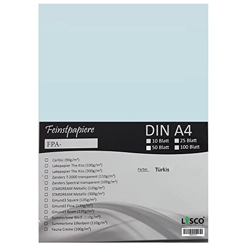 GMUND Transparentpapier DIN A4 Farbe Türkis / LYSCO® Feinstpapierset mit 25 Blatt Inhalt (FPA-124) - bedruckbar, sehr gute Qualität, für Einladungen, als Einlegeblätter für Alben, Fotoalben, Fensterbilder, Bastelarbeiten uvm. von LYSCO