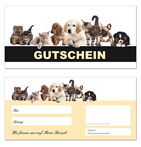 100 Geschenkgutscheine (Tiere-663) - Ein schönes Produkt für Ihre Kunden Gutscheine Gutscheinkarten für Bereiche wie Geschenke, Geburtstag, Freizeit, Erholung, Hunde, Katzen, Tiernahrung, Futter, Tierfriseur von LYSCO