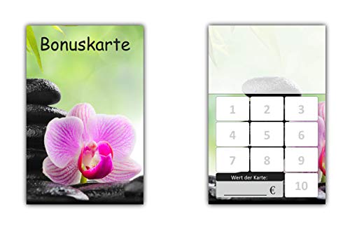 100 Stück Bonuskarten Wellness (BOK-416) mit 10 Stempelfeldern Neutrale Treuekarten Orchidee von LYSCO
