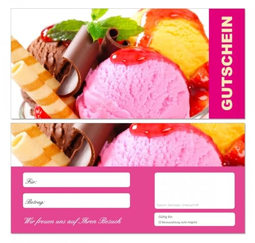 100 Stück Premium First Class Geschenkgutscheine (Eis-681) - Ein schönes Produkt für Ihre Kunden Gutscheine Gutscheinkarten für Bereiche wie Einzelhandel, Restaurant, Eiscafe, Eisdiele, Schokolade, Gastronomie und vieles mehr von LYSCO