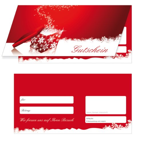 100 Winter Geschenkgutscheine rot (4-Seitig als Klappkarten) für jeden Bereich geeignet. Ein super Produkt für Ihre Kunden. Gutscheine Gutscheinkarten von LYSCO