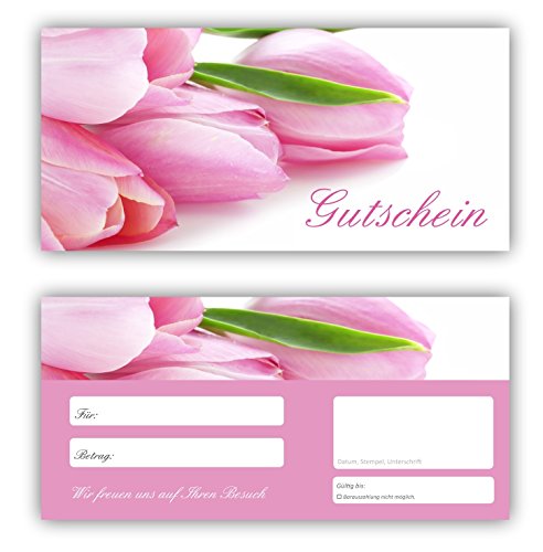 20 Geschenkgutscheine (Blumen-610) - Schönes Gutscheine für Ihre Kunden mit pink rosa Tulpen Gutscheinkarten für Geschenke, Geburtstag, Freizeit, Wellness, Feier, Frühling, Sommer, Blumenhandel von LYSCO