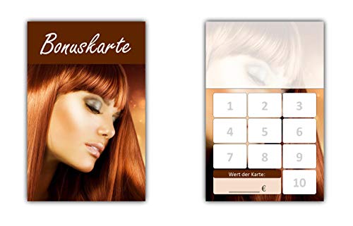 250 Stück Friseur Damen Bonuskarten (BOK-412) mit 10 Stempelfeldern. Treuekarten passend für Bereiche wie Frisör, Kosmetik, Haarpflege von LYSCO