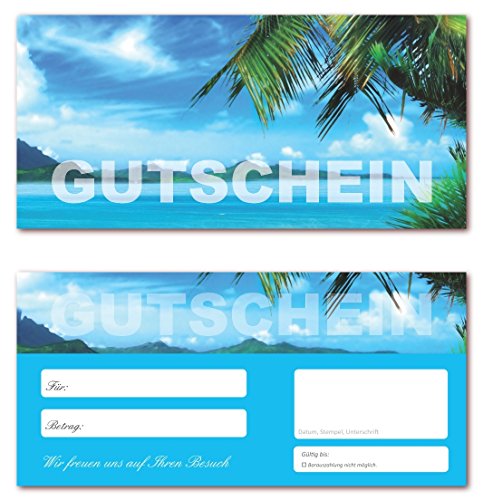 50 Stück Geschenkgutscheine (Palmenstrand-619) Gutscheine Gutscheinkarten für Bereiche wie Reisen, Urlaub und Wellness von LYSCO