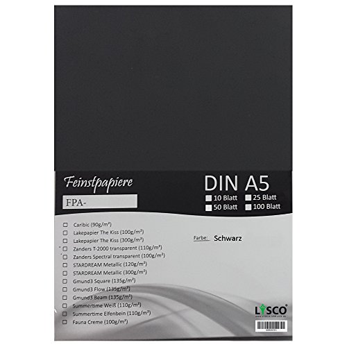 GMUND Transparentpapier DIN A5 Farbe Schwarz / LYSCO® Feinstpapierset mit 25 Blatt Inhalt (FPA-125) - bedruckbar, sehr gute Qualität, für Einladungen, als Einlegeblätter für Alben, Fotoalben, Fensterbilder, Bastelarbeiten uvm. von LYSCO