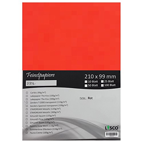 GMUND Transparentpapier DIN lang Farbe Rot / LYSCO® Feinstpapierset mit 100 Blatt Inhalt (FPA-122) - bedruckbar, sehr gute Qualität, für Einladungen, als Einlegeblätter für Alben, Fotoalben, Fensterbilder, Bastelarbeiten uvm. von LYSCO