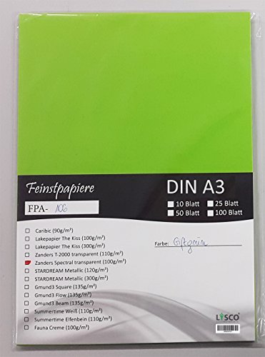 LYSCO® Feinstpapier-Set mit 25 Blatt DIN A3 Transparentpapier Zanders Spectral 100g/m² Farbe giftgrün transparent exzellente Durchsicht, sehr gute Qualität, mögliche Verwendung: Einladungen, Visitenkarten, Einlegeblätter für Alben, Fotoalben, Gutscheine, Fensterbilder, Bastelarbeiten und vieles mehr von LYSCO