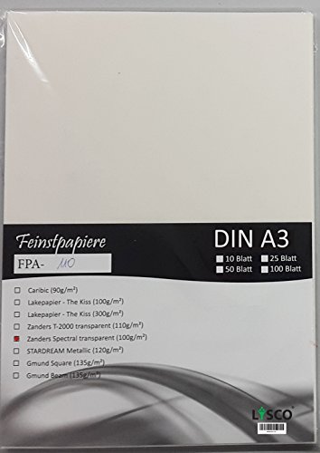 LYSCO® Feinstpapier-Set mit 25 Blatt DIN A3 Transparentpapier Zanders Spectral 100g/m² Farbe hochweiß transparent exzellente Durchsicht, sehr gute Qualität, mögliche Verwendung: Einladungen, Visitenkarten, Einlegeblätter für Alben, Fotoalben, Gutscheine, Fensterbilder, Bastelarbeiten und vieles mehr von LYSCO