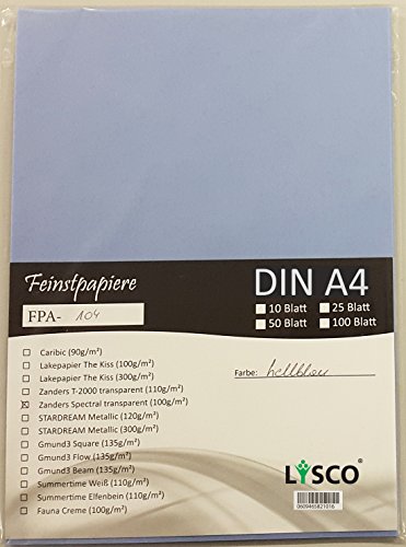 LYSCO® Feinstpapier-Set mit 25 Blatt DIN A4 Transparentpapier Zanders Spectral 100g/m² Farbe hellblau blau transparent exzellente Durchsicht, sehr gute Qualität, mögliche Verwendung: Einladungen, Visitenkarten, Einlegeblätter für Alben, Fotoalben, Gutscheine, Fensterbilder, Bastelarbeiten und vieles mehr von LYSCO