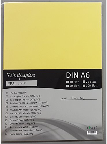 LYSCO® Feinstpapier-Set mit 25 Blatt DIN A6 Transparentpapier Zanders Spectral 100g/m² Farbe gelblich creme transparent exzellente Durchsicht, sehr gute Qualität, mögliche Verwendung: Einladungen, Visitenkarten, Einlegeblätter für Alben, Fotoalben, Gutscheine, Fensterbilder, Bastelarbeiten und vieles mehr von LYSCO