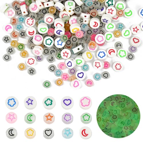 LYTIVAGEN 200 Stück Leuchtperlen Acryl Bastelnperlen und 100 Stück Topf Schmuckperlen mit Mond, Stern, Blume, Herz Polymer Clay Beads Leuchtende Acrylperlen Armband Tonperlen für Schmuck, Handwerk von LYTIVAGEN