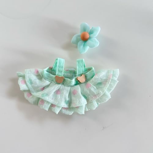 LYVQZPWLRModische Puppenkleidung, Kleidung for 17 cm große Labubu-Puppen, modisches 2-teiliges Set aus Puffkleid und Blumen-Haar-Accessoire, passende Accessoires for Labubu-Puppen(Green) von LYVQZPWLR