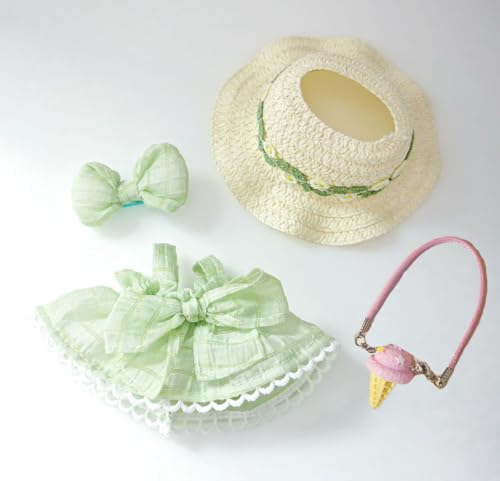 LYVQZPWLRModische Puppenkleidung, Kleidung for 17 cm große Labubu-Puppen, modisches 4-teiliges Set mit Kleid und Haarschmuck, passend for LABUBU(Green) von LYVQZPWLR