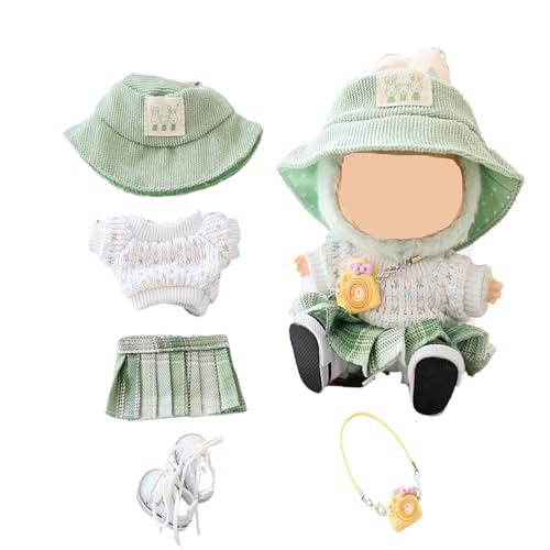 LYVQZPWLRModische Puppenkleidung, Kleidung for Labubu-Puppe, Häkelpullover und Faltenrock, 5-teiliges Set, Puppenkleidung, kompatibel mit Labubu-Puppe, 15 cm und 17 cm(Green) von LYVQZPWLR
