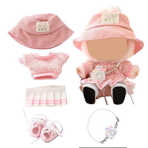 LYVQZPWLRModische Puppenkleidung, Kleidung for Labubu-Puppe, Häkelpullover und Faltenrock, 5-teiliges Set, Puppenkleidung, kompatibel mit Labubu-Puppe, 15 cm und 17 cm(Roze) von LYVQZPWLR