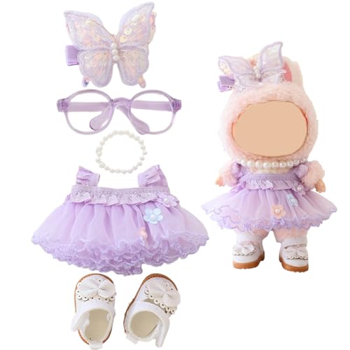 LYVQZPWLRModische Puppenkleidung, Kleidung for Labubu-Puppe, Schmetterlings-Tüllrock, lila, 5-teiliges Outfit-Set, geeignet for Labubu-Puppen (15 cm, 17 cm). von LYVQZPWLR